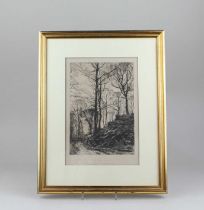 Fred Slocombe, woodsman beside a track, 'Winter Fuel', engraving, 29cm by 19cm