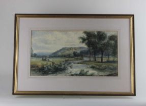 F Davis (19th century), river landscape with cattle, watercolour, signed and dated 1875, 25cm by