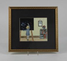 20th century school, child drawing on a blackboard, watercolour, unsigned, 11.5cm by 13cm