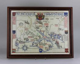 A framed map of Hampshire on parchment 'Wonderful Hampshire' 39cm by 52cm