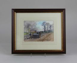 William Hunter (20th century), figure ploughing a field, 'Seed Time', watercolour, signed, 13cm by