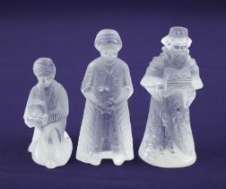 A Lalique set of The Three Magi, clear and frosted, tallest 12.5cm high, boxed