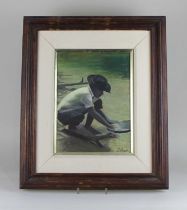 Dufrayer (20th century Brazilian school), figure kneeling at a shoreline, oil on canvas, signed,