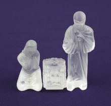 A Lalique nativity set of baby Jesus 5cm, Mary 8cm, and Joseph 12.5cm, clear and frosted, boxed