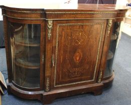 A Victorian brass mounted inlaid breakfront credenza, central panel door flanked by bowed glazed