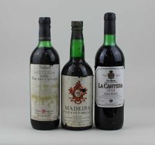 A bottle of Carinena La Cantera 1988 red wine a bottle of Madeira Finest Old Sercial and a bottle of