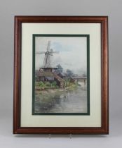 Edith M Harms, windmill beside a river, watercolour, signed, 32cm by 22cm