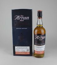 A limited edition bottle of The Arran Malt single malt Scotch whisky, distilled 09/06/1997,