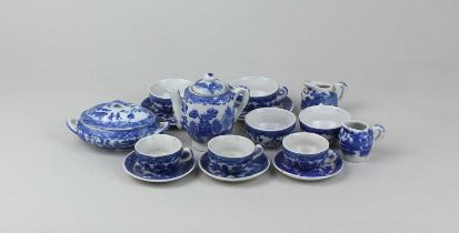 A small collection of miniature blue and white porcelain tableware with willow pattern type