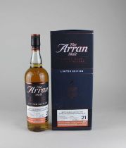 A limited edition bottle of The Arran Malt single malt Scotch whisky, distilled 09/06/1997,