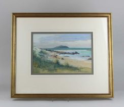 Andrew Mackenzie, Scottish beach scene with distant rocks, watercolour, signed, 22.5cm by 33cm,