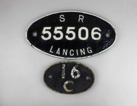 A Southern Railway cast iron oval wagon plate 'SR 55506 Lancing' 19cm by 34cm, and an oval shed