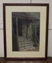 20th century school, view of Medieval doorway with stone steps, oil, unsigned, 48cm by 33cm