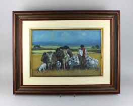 Pablo Matania (Brazilian school), shepherd with donkeys and sheep, oil on canvas, signed, 28cm by