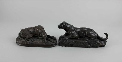 After Antoine-Louis Barye (French, 1795-1875), bronzed composite figure of a panther, 19cm long,