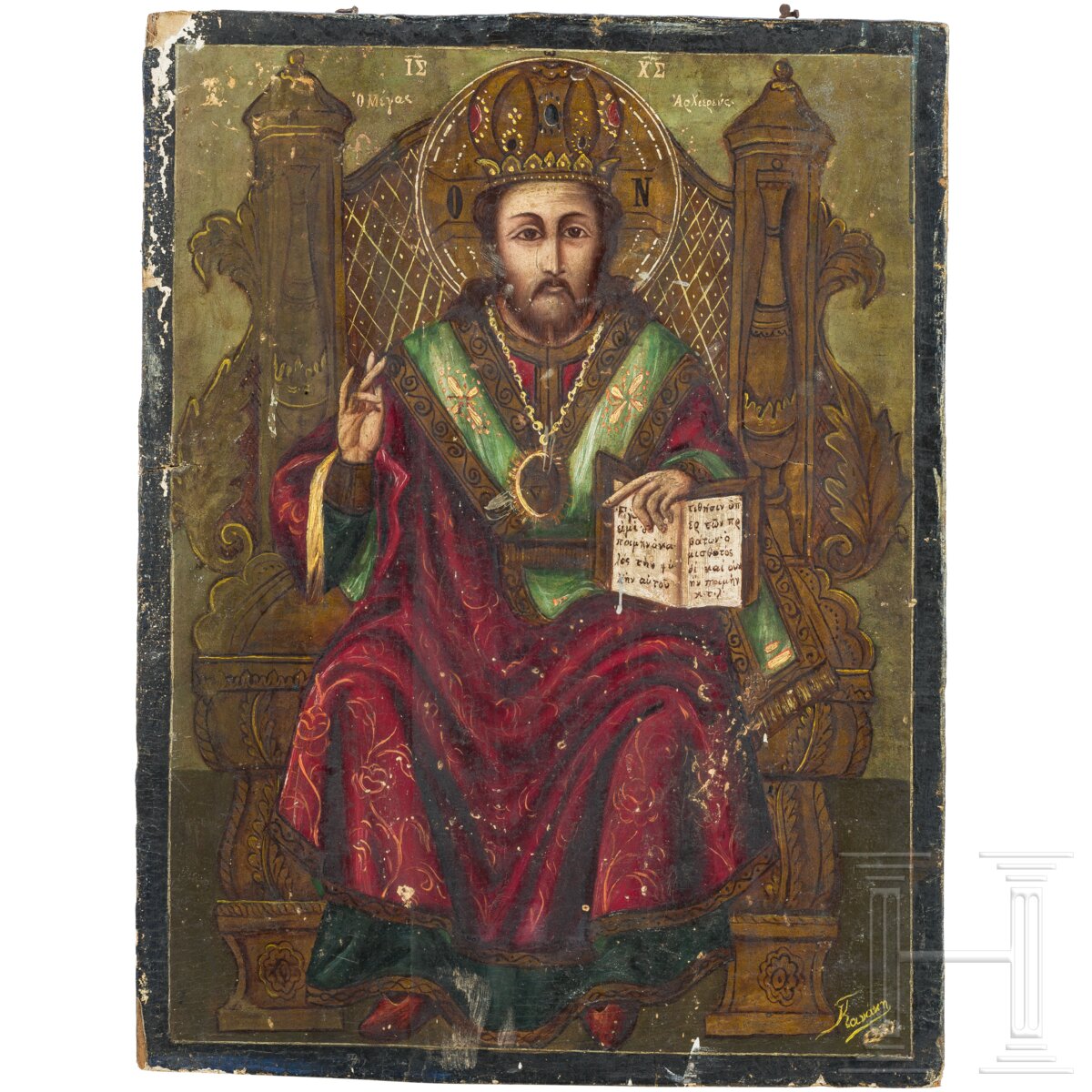 Große signierte Ikone mit Christus als Hohepriester, Balkan, 19. Jhdt.