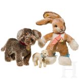 Drei Steiff-Stofftiere - Sassy der Hase, Raudi der Dackel und Lamby das Lamm