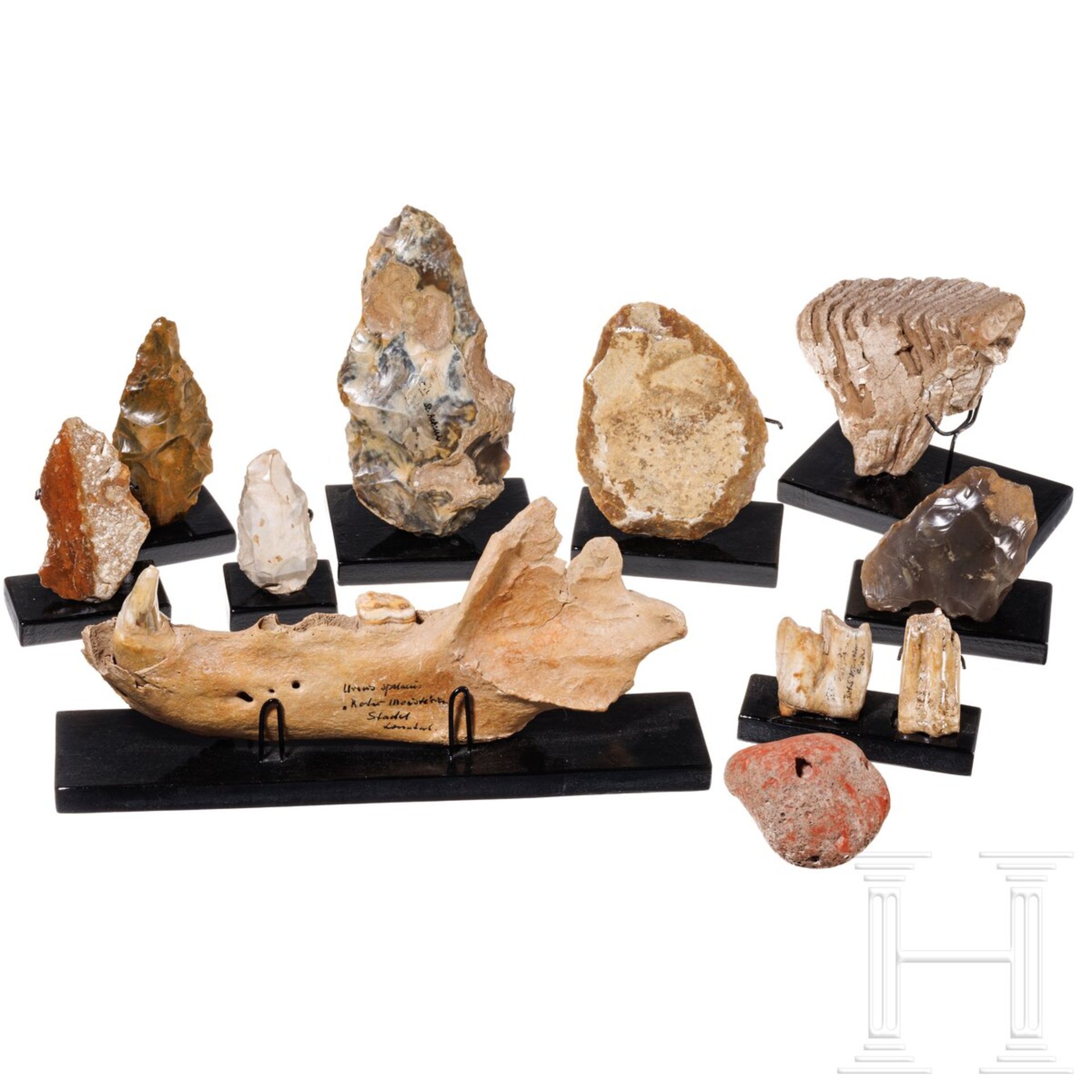 Sechs altsteinzeitliche Werkzeuge, ein Rötelstein und vier paläontologische Zahnfunde, 500.000 - 500