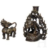 Kerzenleuchter und Tierfigur, Bronze, Thailand, 1. Hälfte 20. Jhdt.