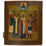 Ikone mit dem Heiligen Nikolaus und vier weiteren Heiligen, Russland, 2. Hälfte 19. Jhdt.