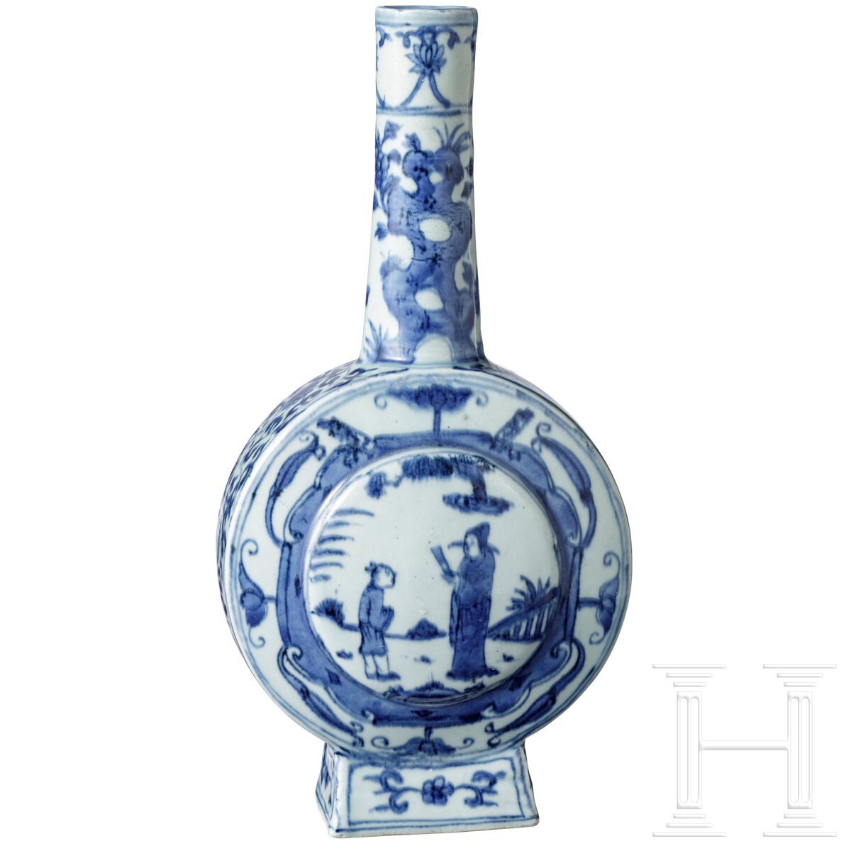 Blau-weiß glasierte Flasche mit Darstellungen eines Beamten und eines Schülers, wohl Wanli-Periode (