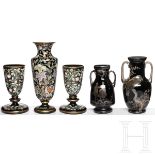 Fünf Vasen, drei wohl Karlsbad, Ludwig Moser, um 1885, zwei Schönhof, 20. Jhdt.