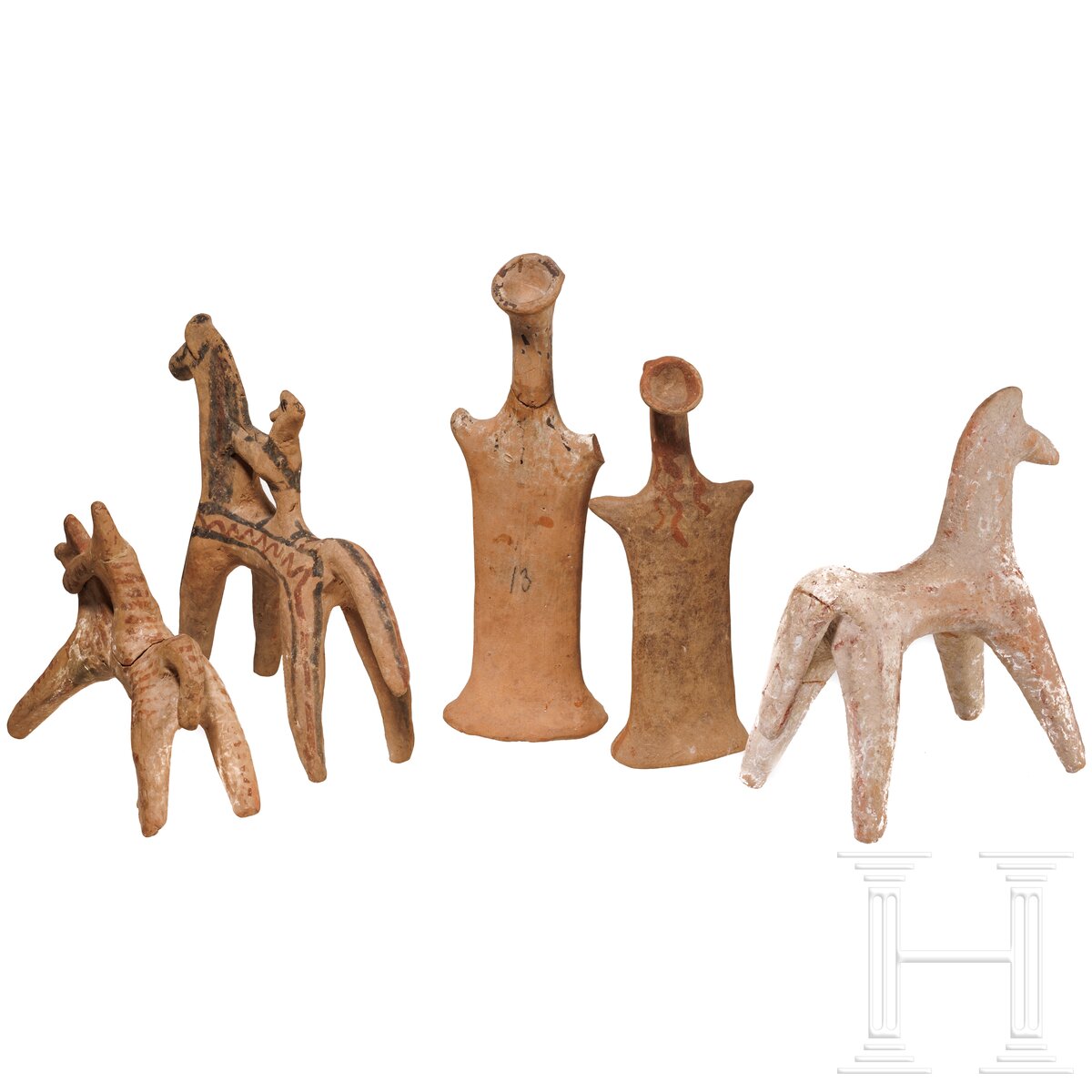 Zwei Vogelkopfidole, zwei Reiter und ein Pferd, böotische Terrakotten, 6. Jhdt. v. Chr. - Image 3 of 3