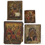 Vier Ikonen: Heiliger Nikolaus von Myra, dreihändige Gottesmutter, Gottesmutter von Kasan und Synaxi