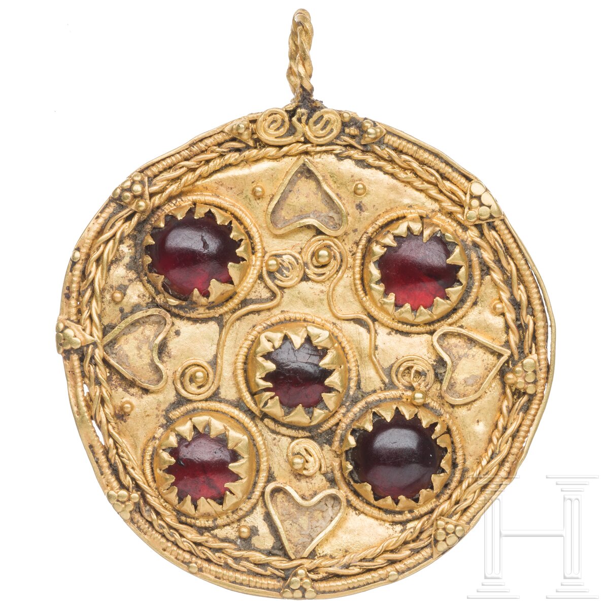 Goldmedaillon mit fünf Granatcabochons, griechisch, Mitte 4. Jhdt. v. Chr.