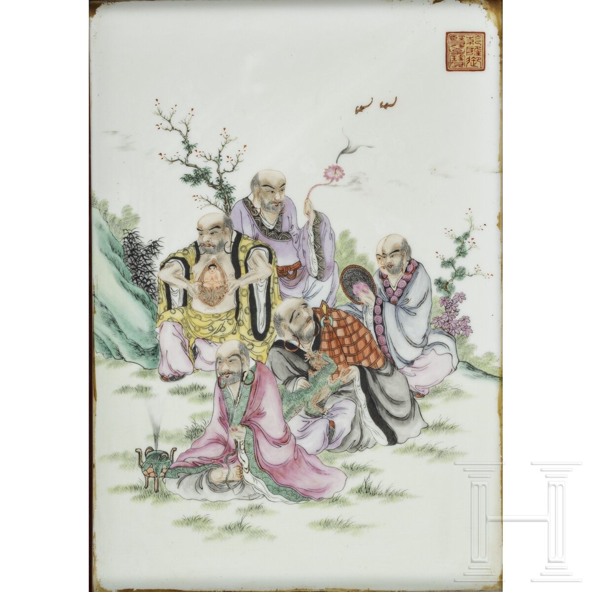 Porzellanbild mit fünf Unsterblichen, China, 20. Jhdt.