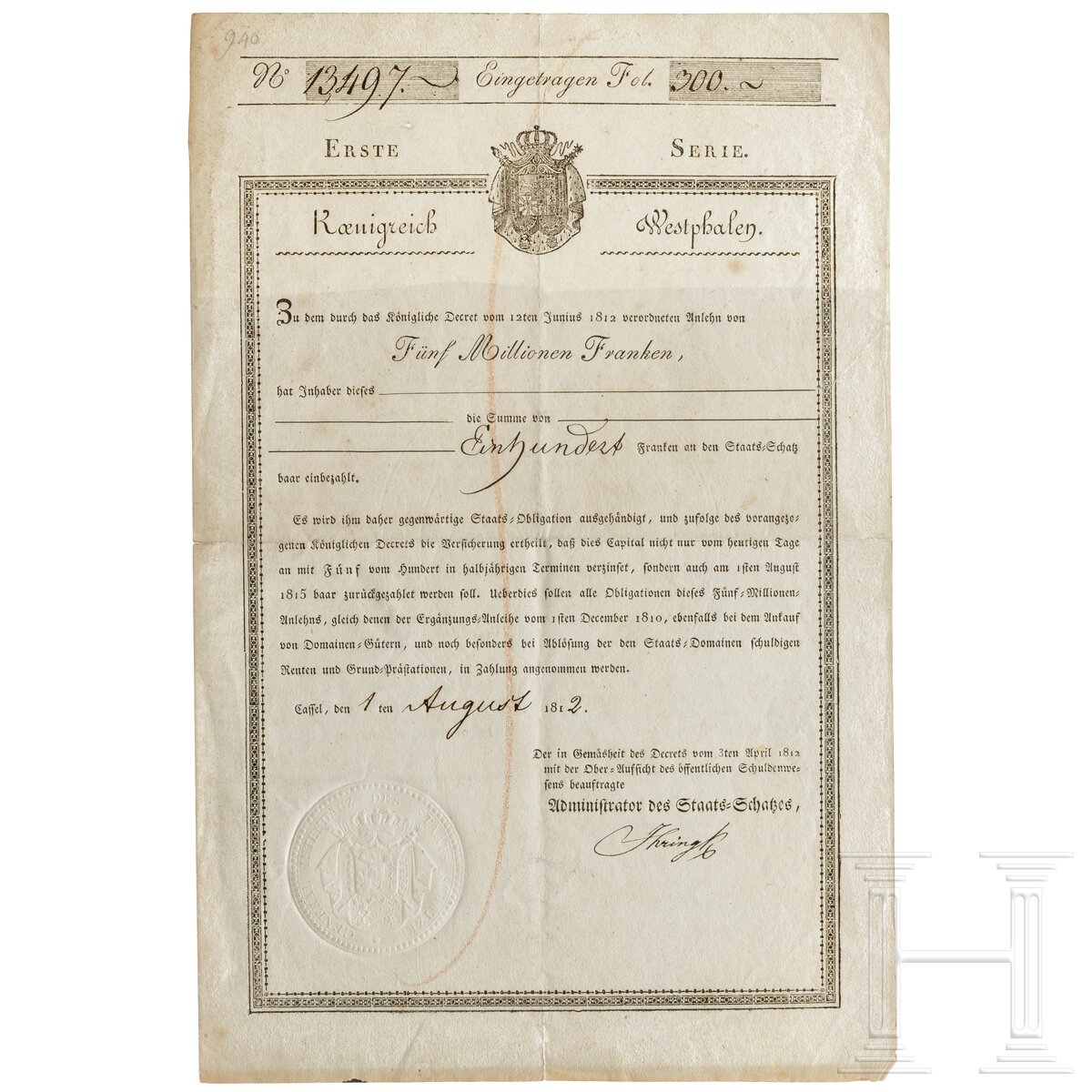 Königreich Westphalen - Obligation der Zwangsanleihe, 1812