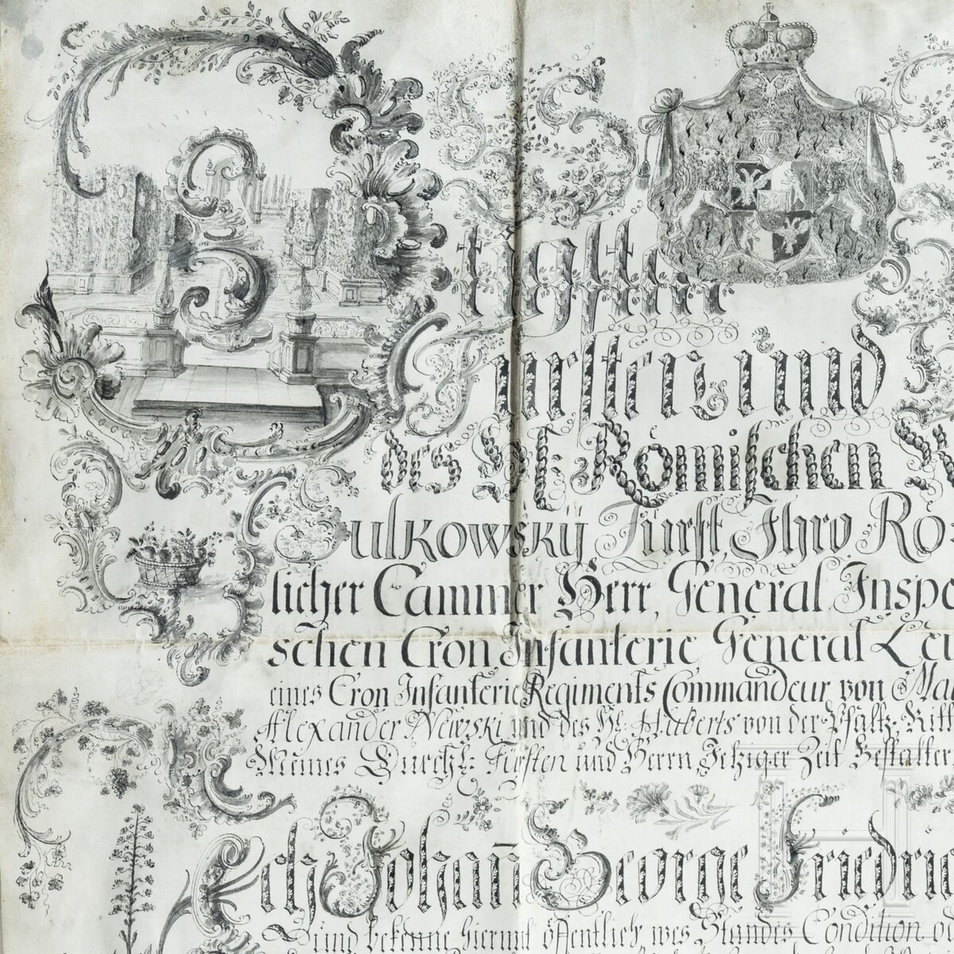 Große Zeugnisurkunde über Gärtnertätigkeit in Niederschlesien, Pergament, 1777 - Image 3 of 5