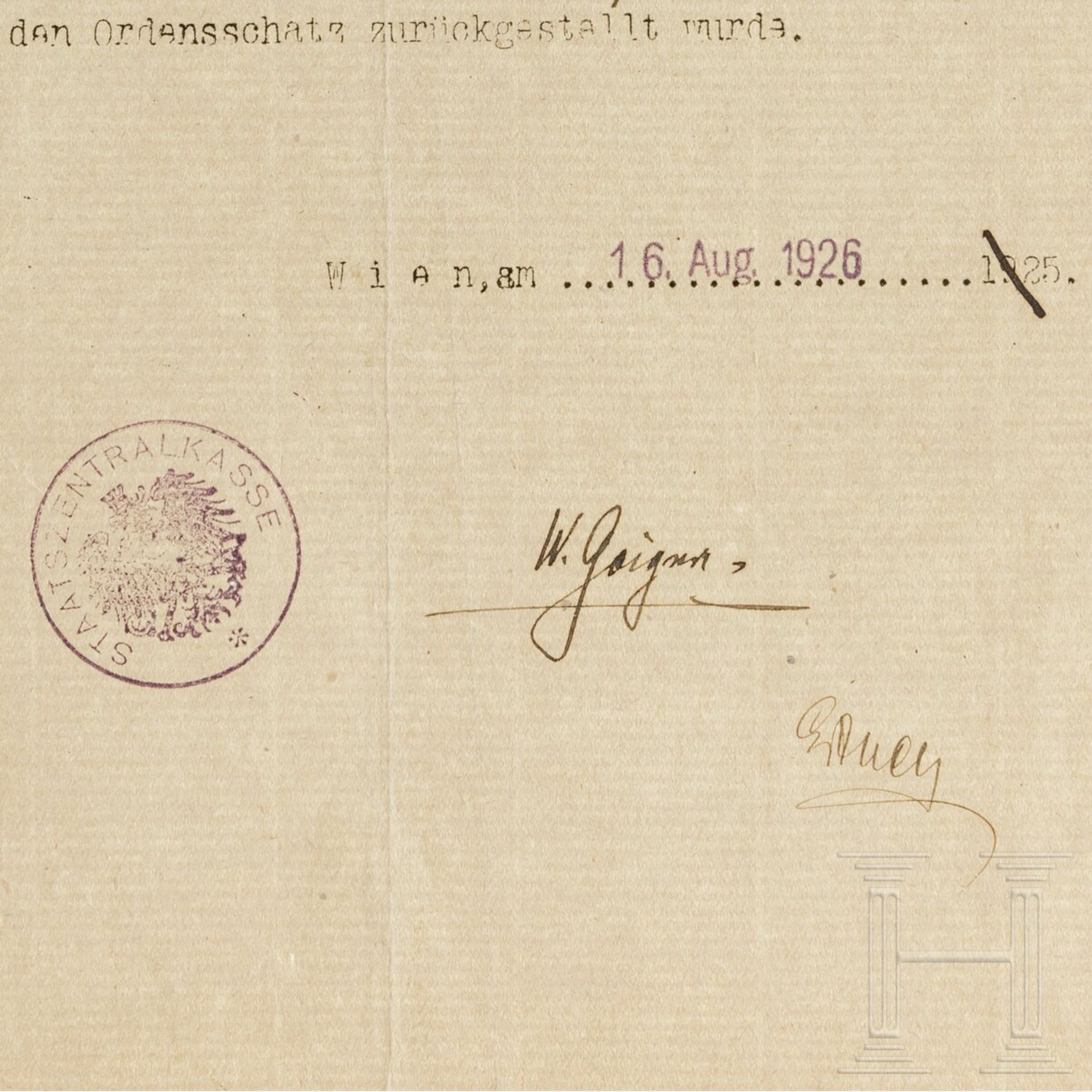 Empfangsschein über die Rückgabe eines Ritterkreuzes des Franz-Josef-Ordens, 1926 - Image 3 of 3