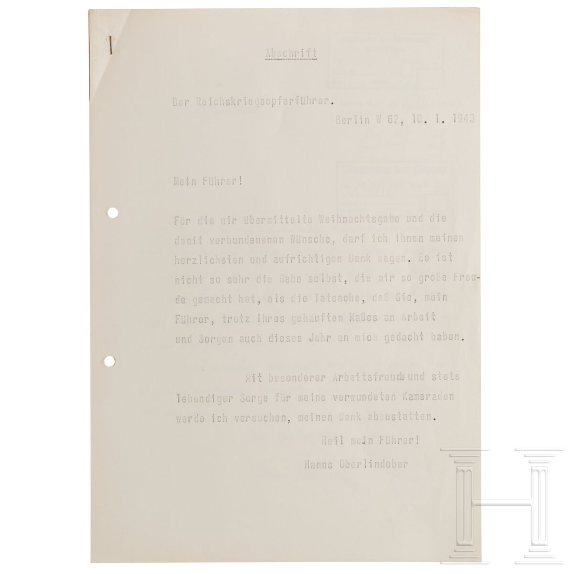 Adolf Hitler - zwei Briefe von Hanns Oberlindober und Eugen Hadamovsky zum Jahreswechsel 1942/43 - Image 2 of 2