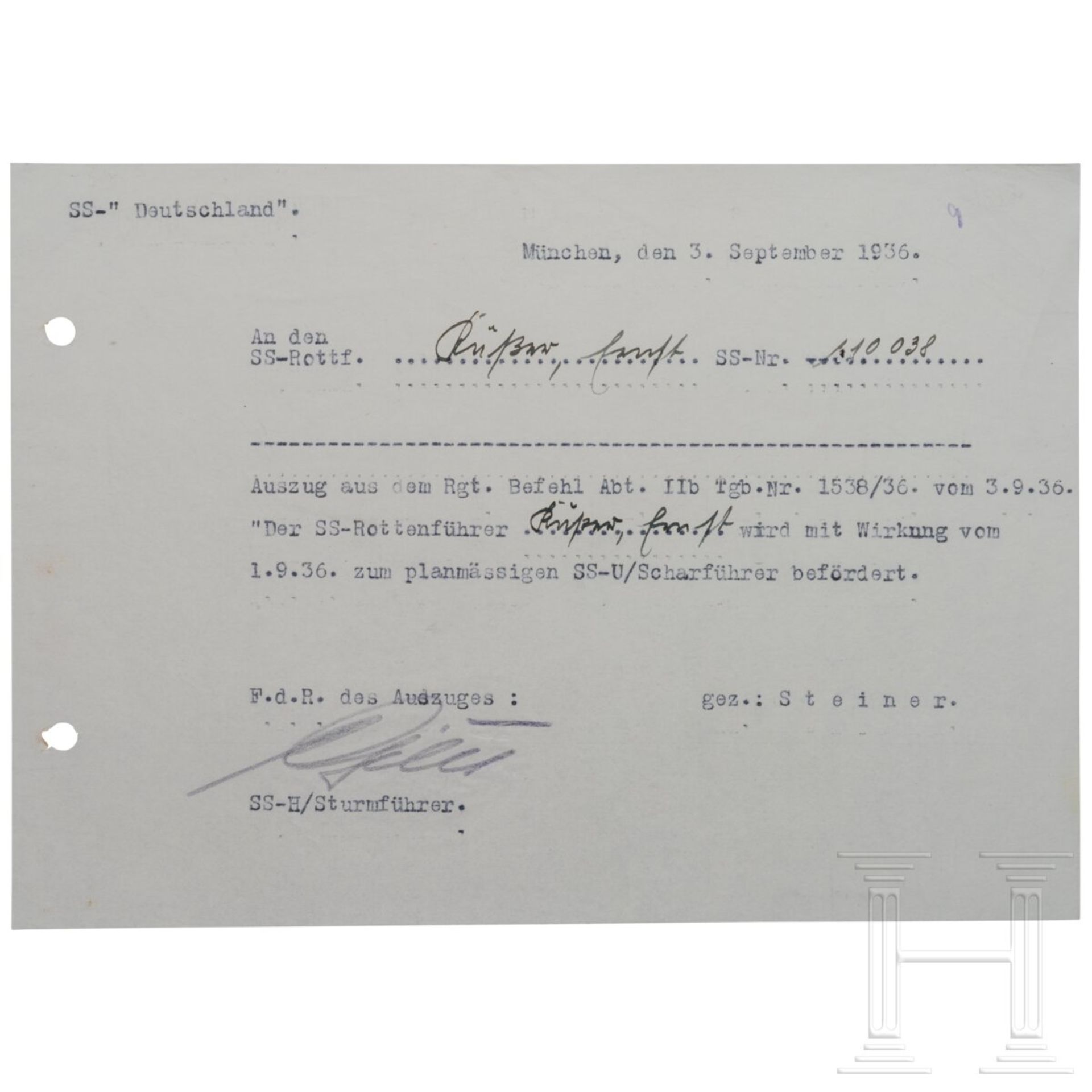 SS-OGruf. Herbert Otto Gille - signierter Auszug aus Rgt.-Befehl 1936