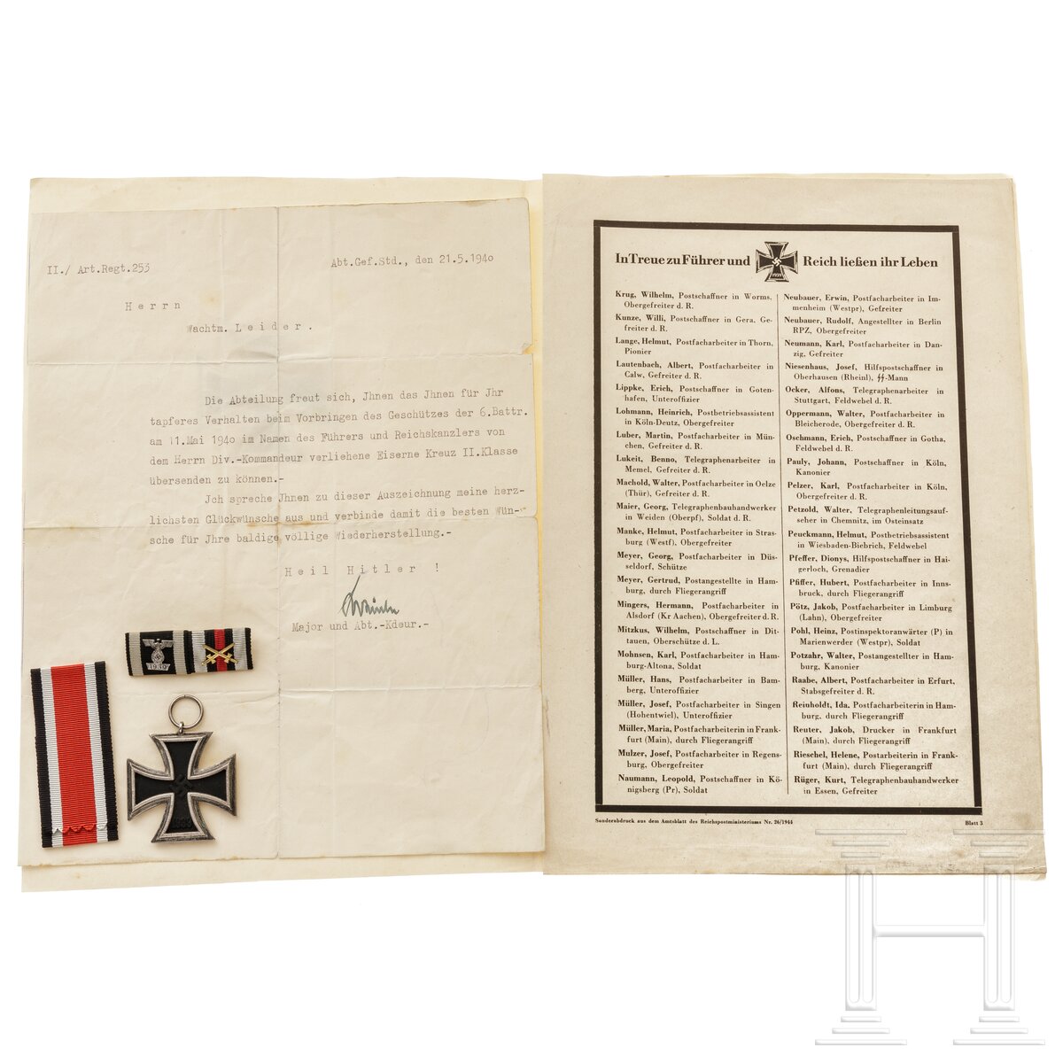 Eisernes Kreuz 2. Klasse am Band, Spange mit Miniatur-Wiederholung EK, ein Gückwunschschreiben zur V