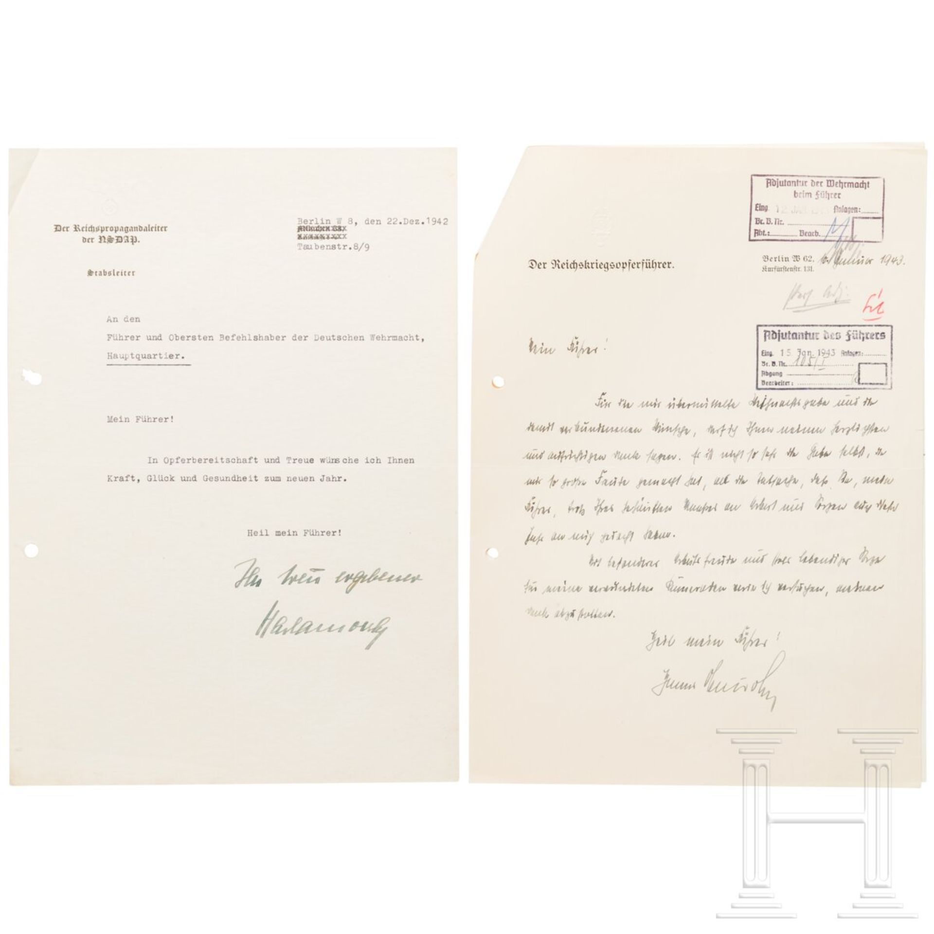 Adolf Hitler - zwei Briefe von Hanns Oberlindober und Eugen Hadamovsky zum Jahreswechsel 1942/43