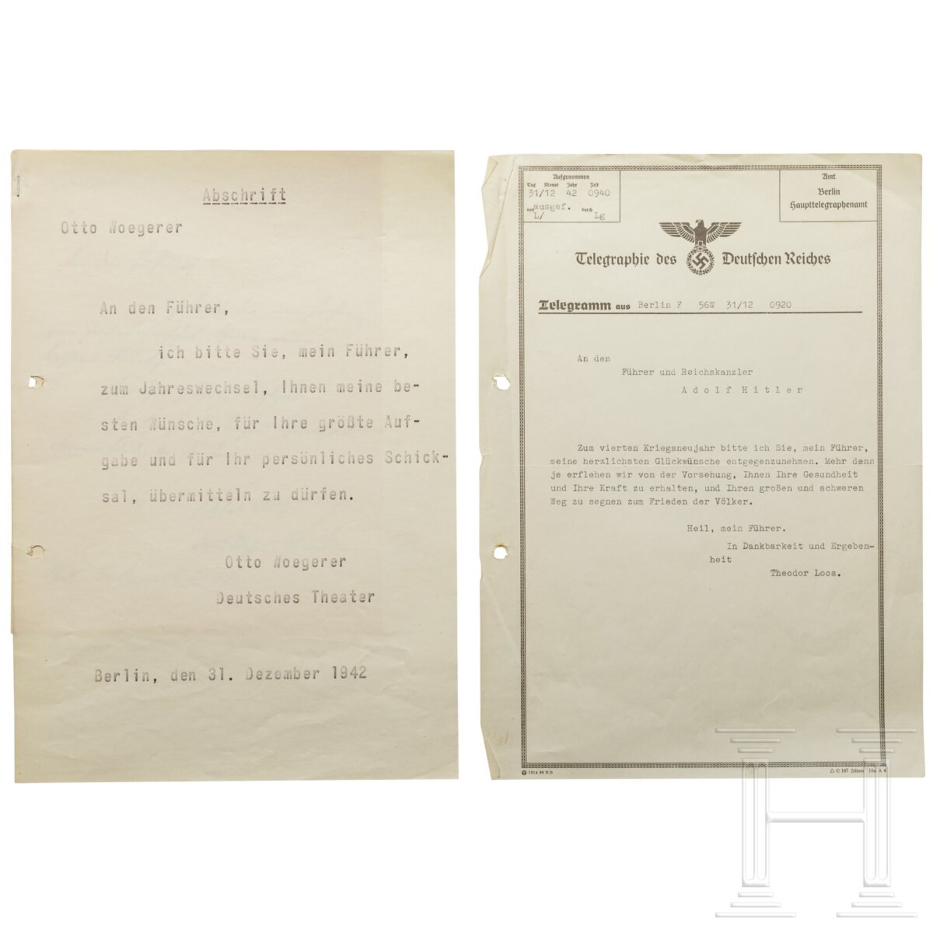 Otto Woegerer und Theodor Loos - Glückwunschschreiben bzw. -telegramm der Schauspieler an Hitler zum - Image 2 of 3