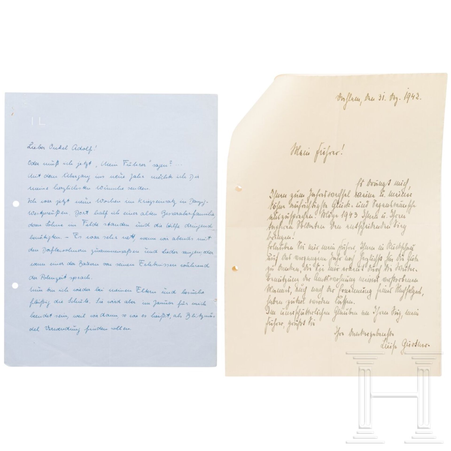 Adolf Hitler - zwei handschriftliche Briefe von Inge Lutze und Luise Gürtner zum Jahreswechsel 1942/