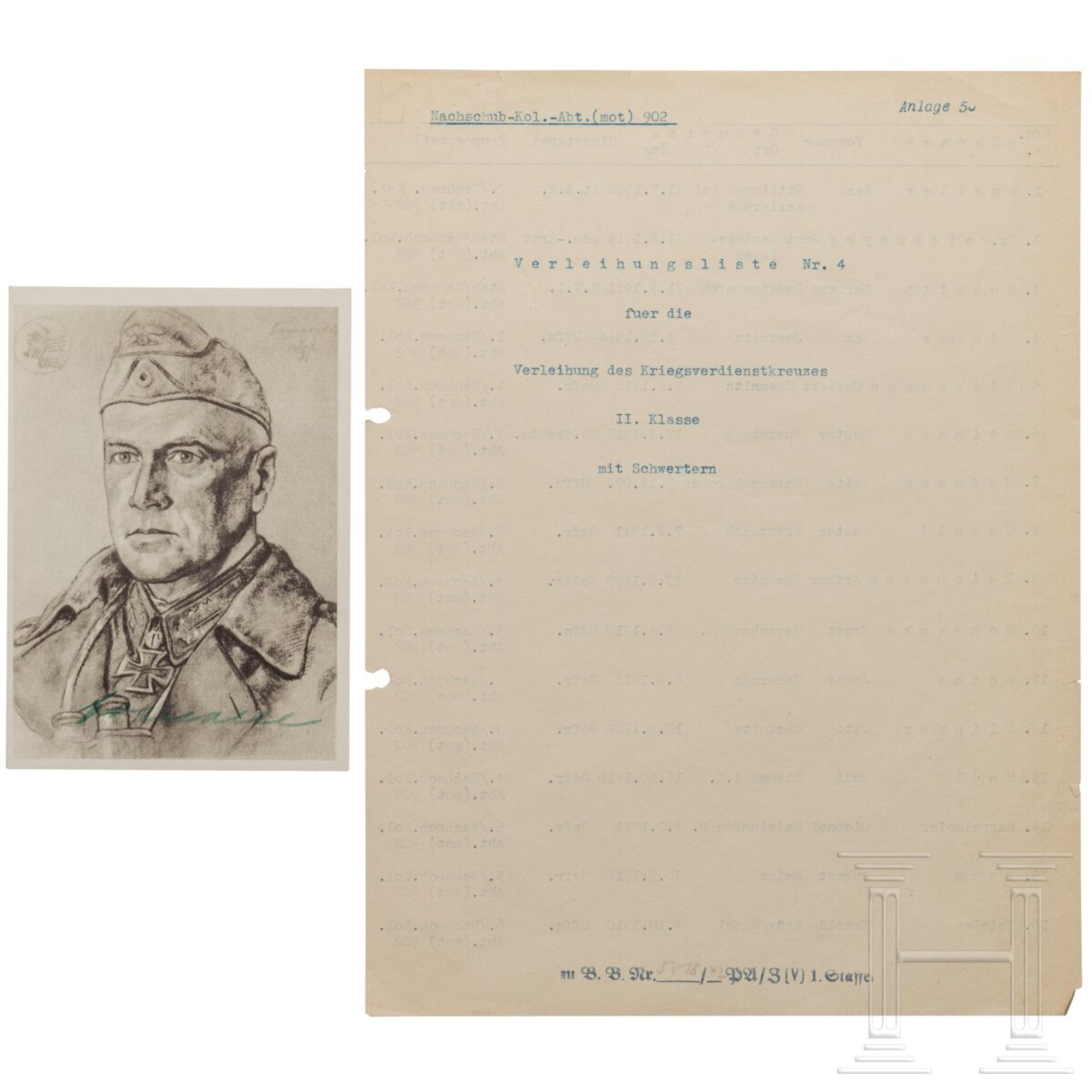 General der Panzertruppe Ludwig Crüwell - signierte Verleihungsliste zum KVK 2. Kl. m. S. und signie