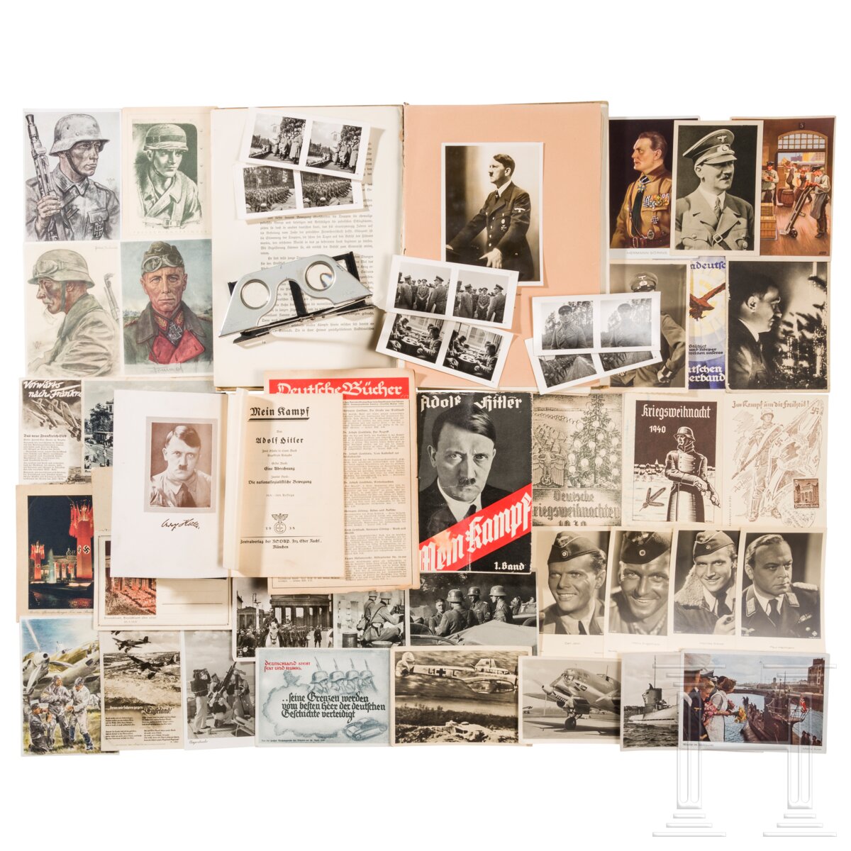 Konvolut mit ca. 110 Postkarten, zwei Büchern "Mein Kampf" und Raumbildalbum "Die Soldaten des Führe