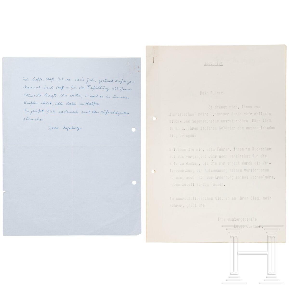 Adolf Hitler - zwei handschriftliche Briefe von Inge Lutze und Luise Gürtner zum Jahreswechsel 1942/ - Bild 2 aus 4