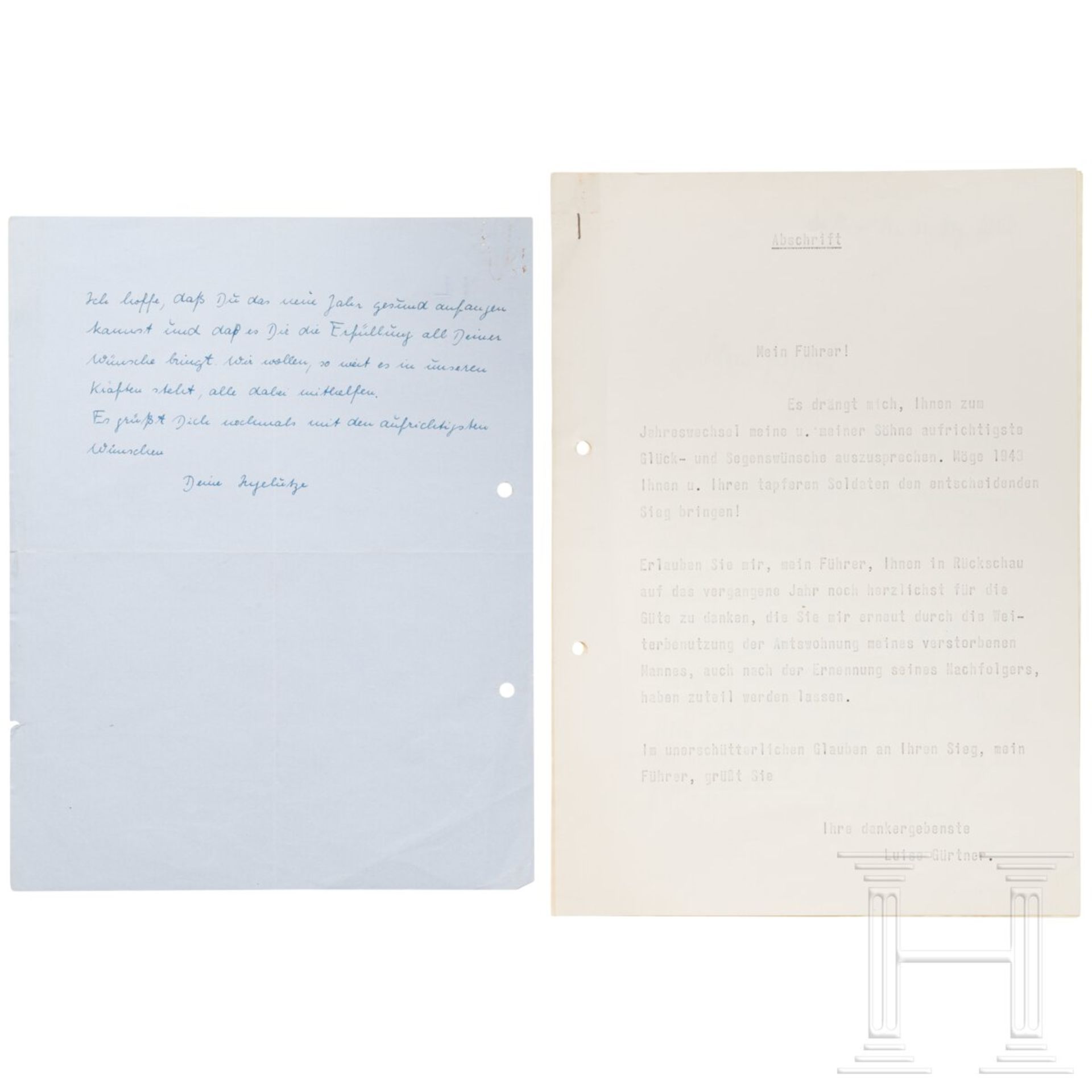 Adolf Hitler - zwei handschriftliche Briefe von Inge Lutze und Luise Gürtner zum Jahreswechsel 1942/ - Bild 2 aus 4