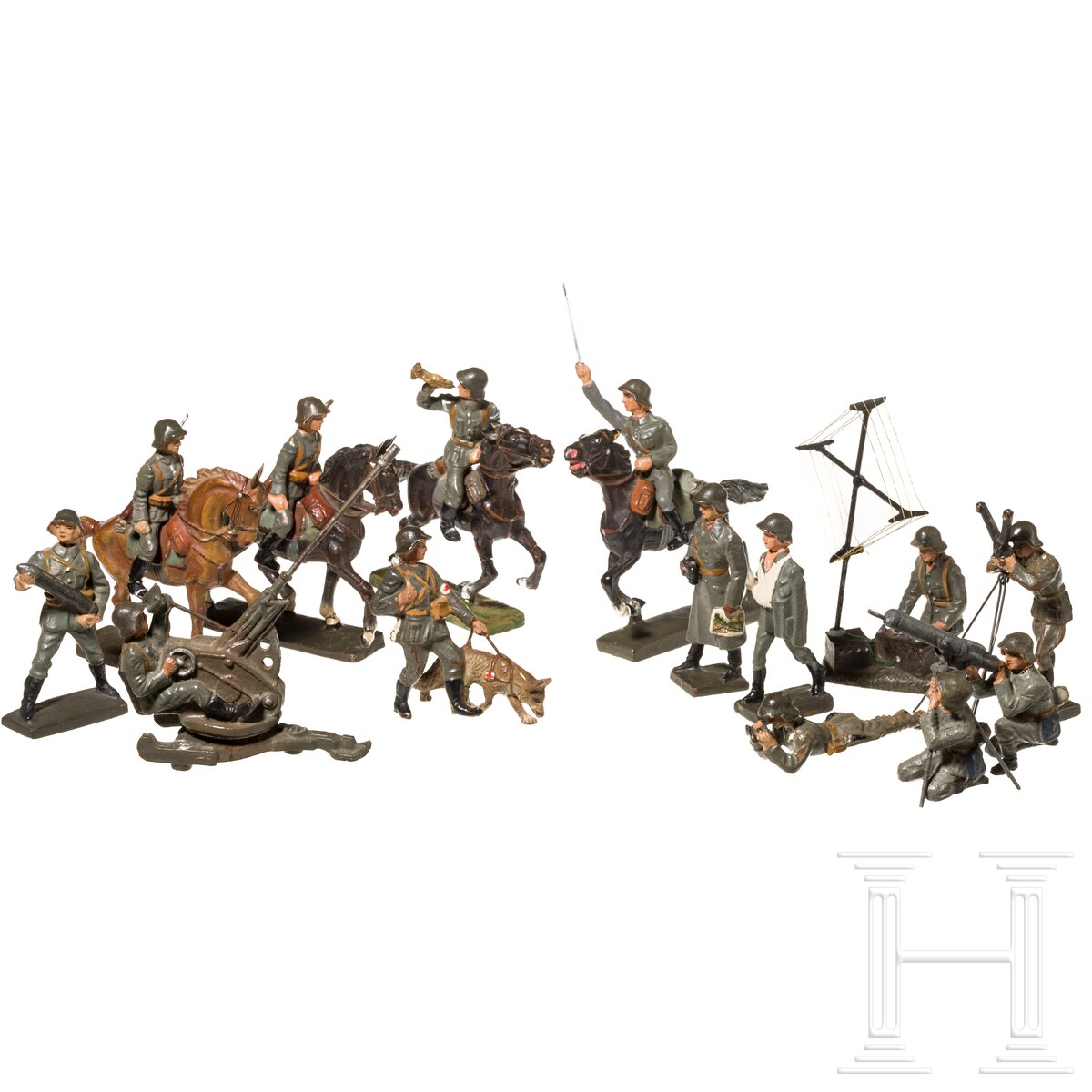 13 Lineol dänische Soldaten mit auf 2 cm-Flak sitzendem Soldaten und LMG-Gruppe auf Dreibein