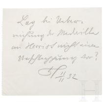 Reichspräsident Paul von Hindenburg - Handzettel bzgl. Herriot, datiert 11.11.1932