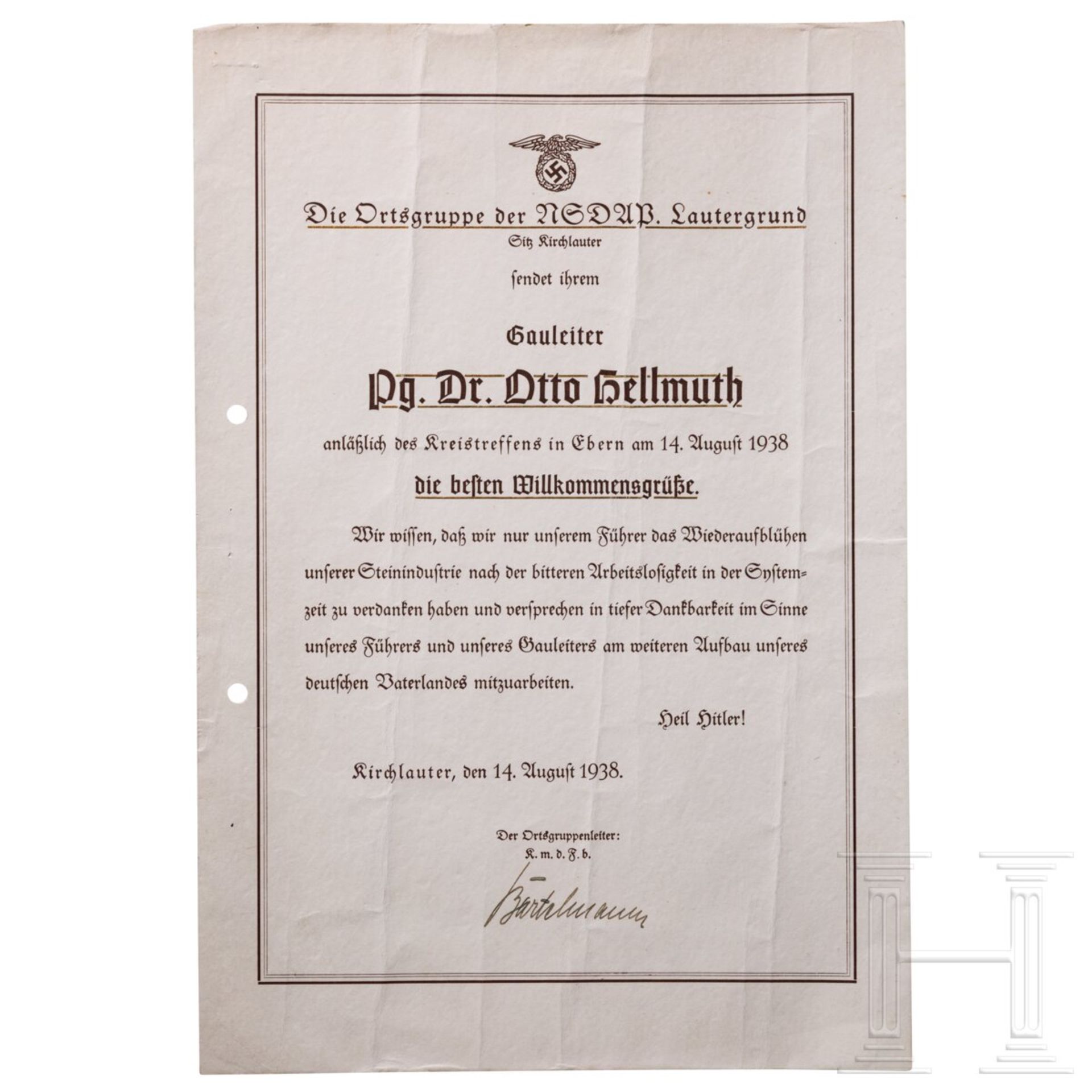 Gauleiter Otto Hellmuth - Willkommens- und Dankesurkunde der Ortsgruppe Lautergrund vom 14.8.1938