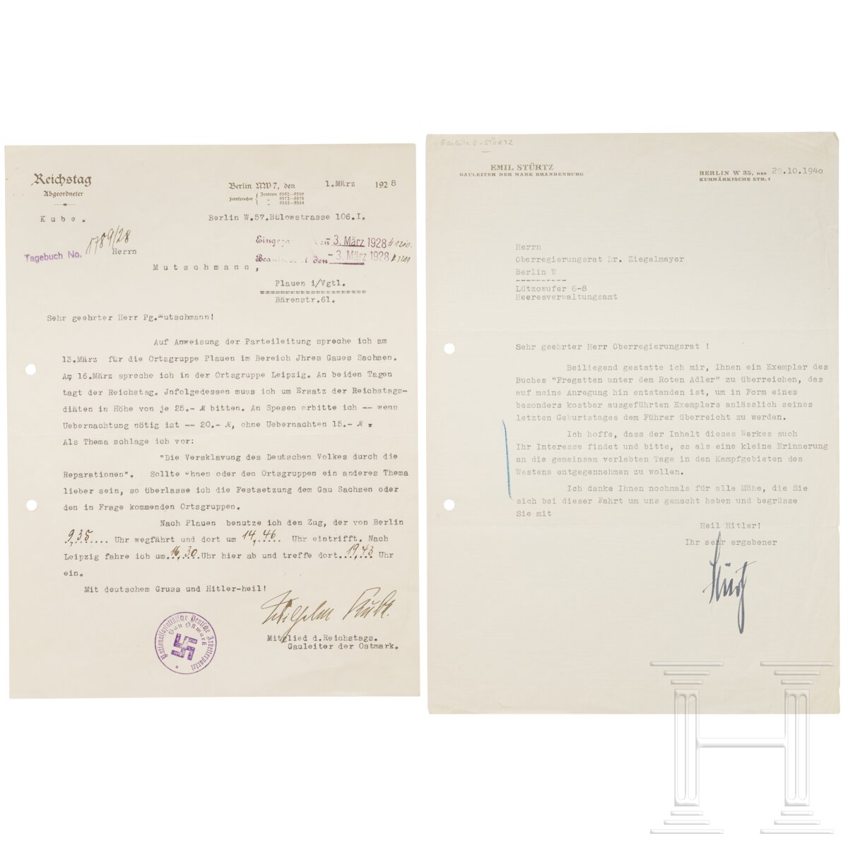 Gauleiter Wilhelm Kube und Emil Stürtz - zwei signierte Briefe, 1928 bzw. 1940