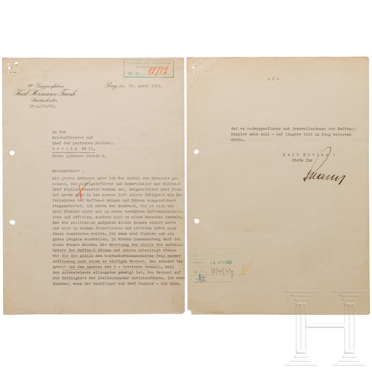 SS-Gruf. Karl Hermann Frank - signierter Brief an Heinrich Himmler vom 14.4.1943