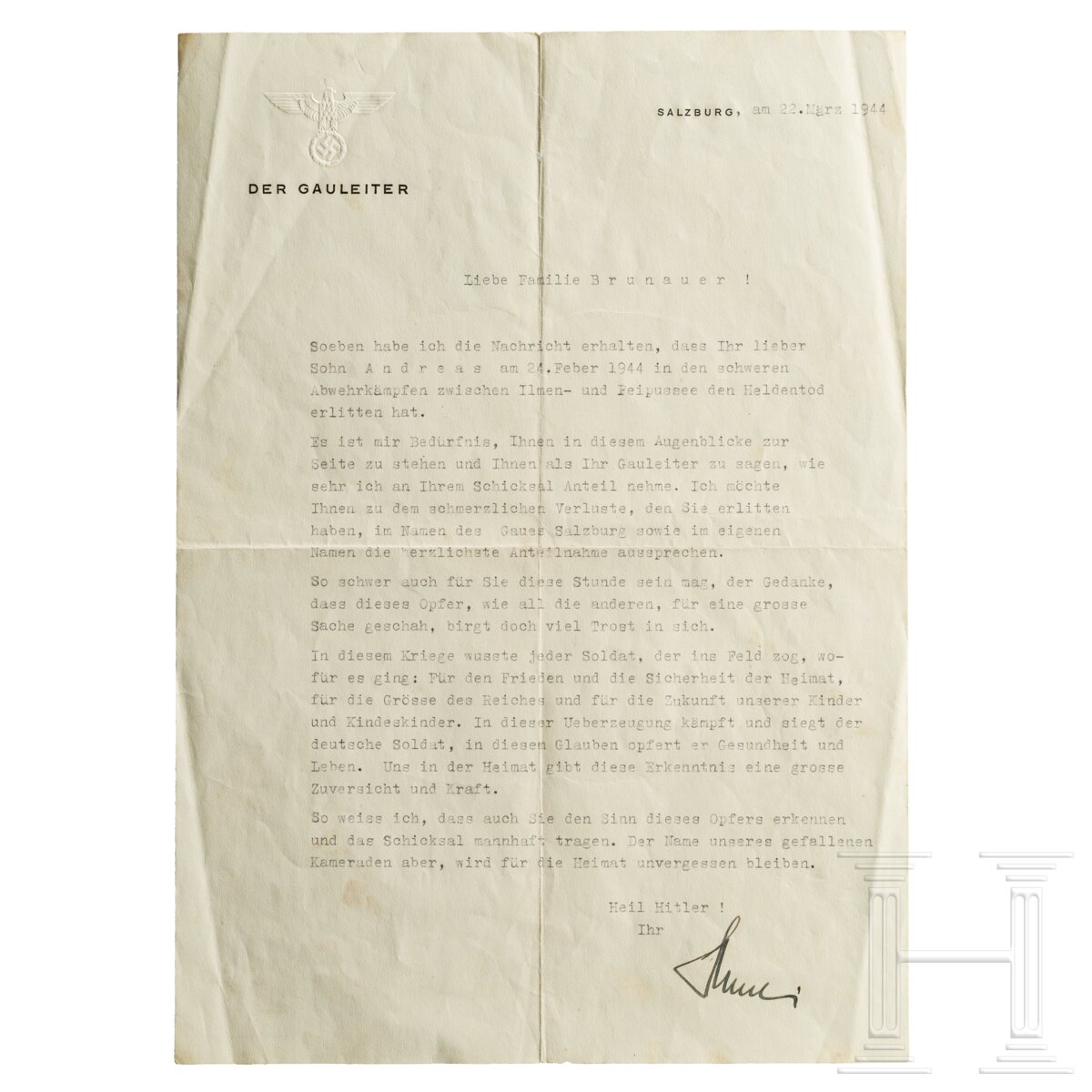Gauleiter Gustav Adolf Scheel - signierter Kondolenzbrief, 1944