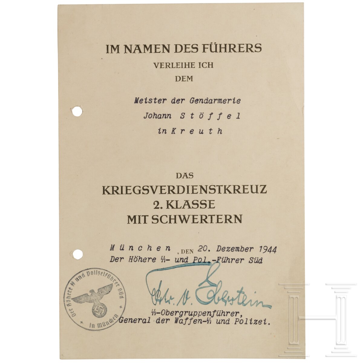 SS-OGruf. Friedrich Karl Frhr. von Eberstein - signierte Verleihungsurkunde zum KVK II m. S. vom 20.